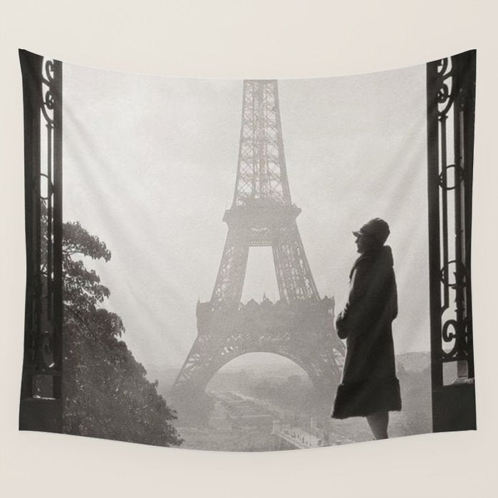 1920 Woman at the Gate, Eiffel Tower black and white photography / jazz age black & white photograph Wall Tapestry Gallery Image 4