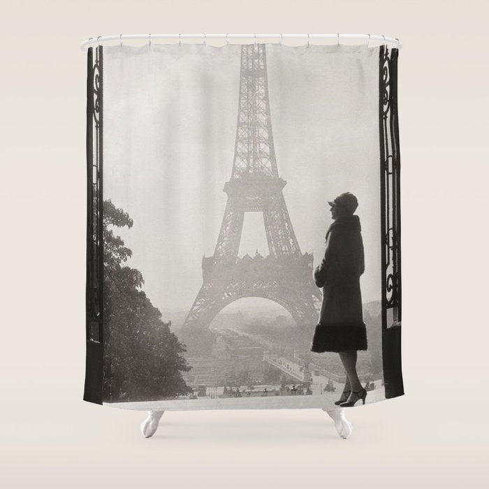 1920 Woman at the Gate, Eiffel Tower black and white photography / jazz age black & white photograph Shower Curtain Gallery Image 1