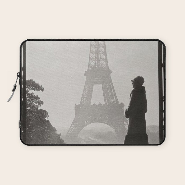 1920 Woman at the Gate, Eiffel Tower black and white photography / jazz age black & white photograph Laptop Sleeve Gallery Image 1