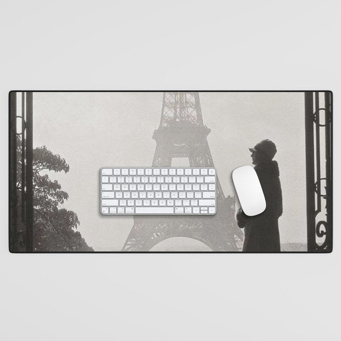 1920 Woman at the Gate, Eiffel Tower black and white photography / jazz age black & white photograph Desk Mat Gallery Image 1