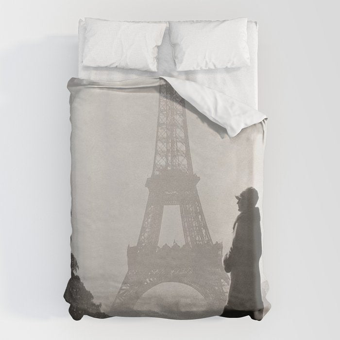 1920 Woman at the Gate, Eiffel Tower black and white photography / jazz age black & white photograph Duvet Cover Gallery Image 6
