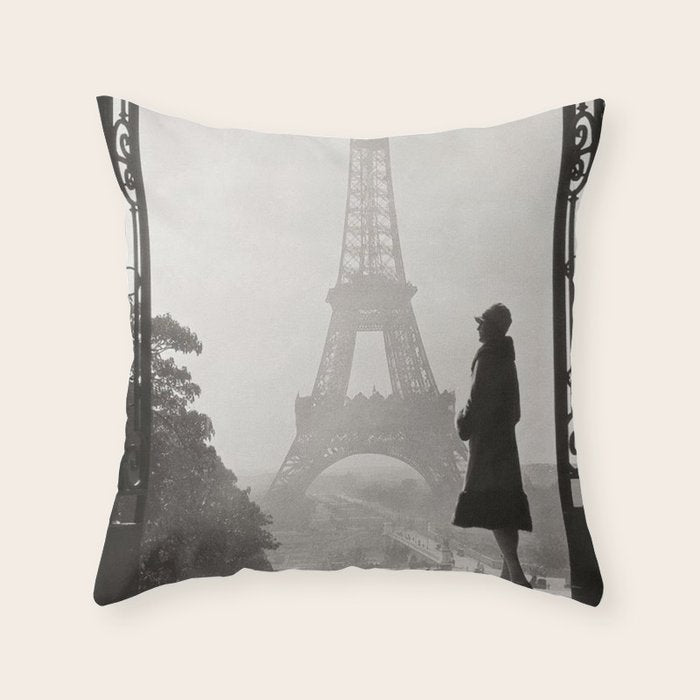 1920 Woman at the Gate, Eiffel Tower black and white photography / jazz age black & white photograph Throw Pillow Gallery Image 1