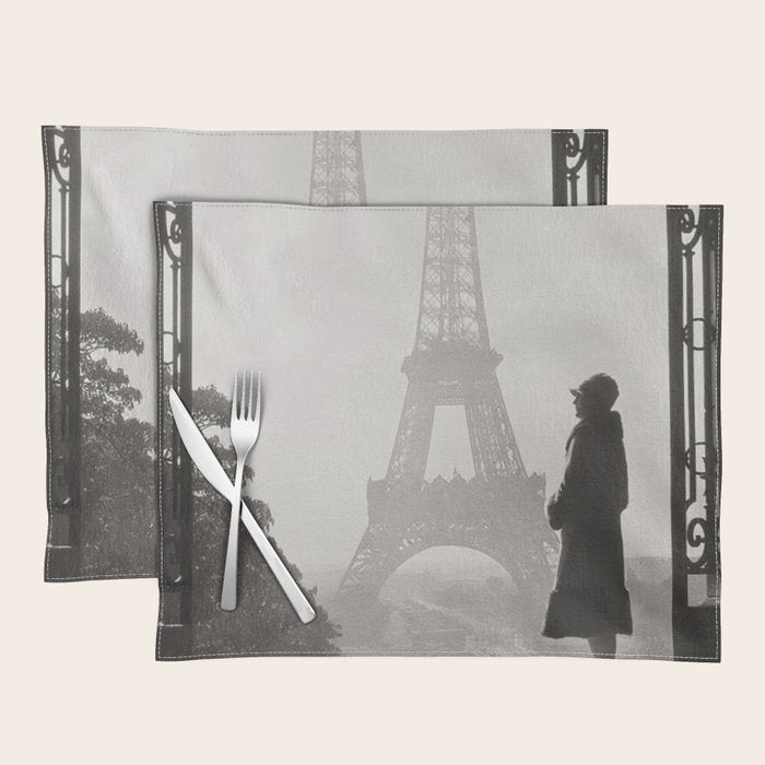 1920 Woman at the Gate, Eiffel Tower black and white photography / jazz age black & white photograph Placemat Gallery Image 1