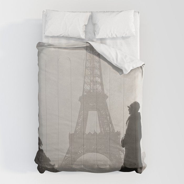 1920 Woman at the Gate, Eiffel Tower black and white photography / jazz age black & white photograph Comforter Gallery Image 6