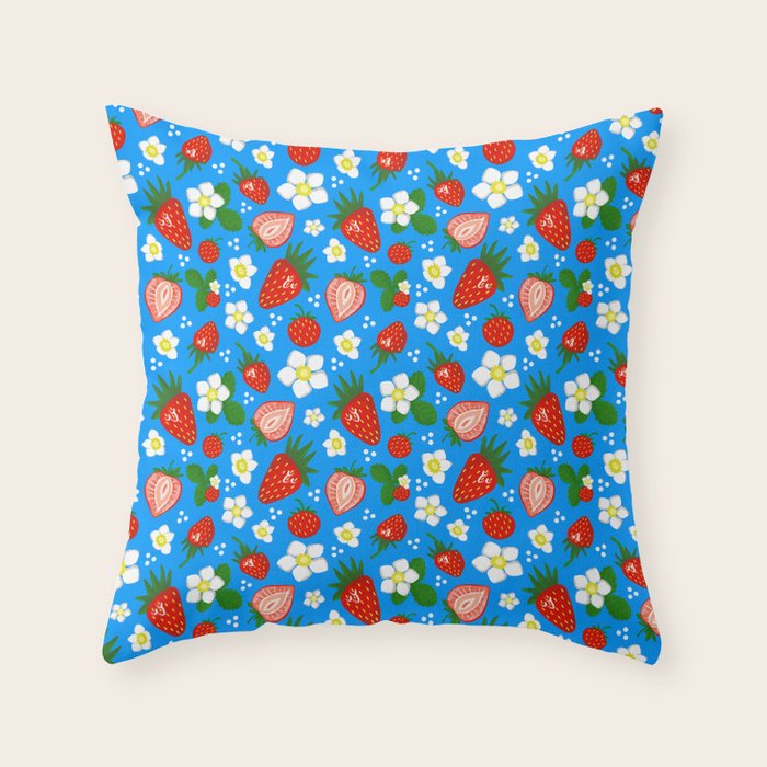 Strawberries Galore Pattern On Blue Throw Pillow Gallery Image 1