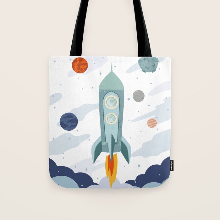 Space rocket print with planets and stars, perfect for an outer space nursery or kids room Tote Bag Gallery Image 1