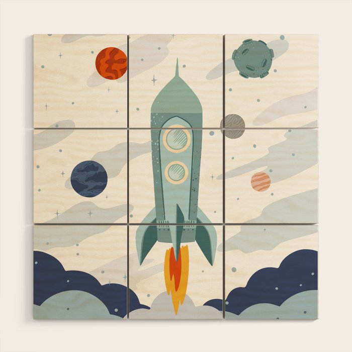 Space rocket print with planets and stars, perfect for an outer space nursery or kids room Wood Wall Art Gallery Image 1