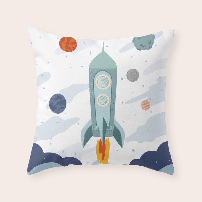 Space rocket print with planets and stars, perfect for an outer space nursery or kids room Throw Pillow Gallery Image 6