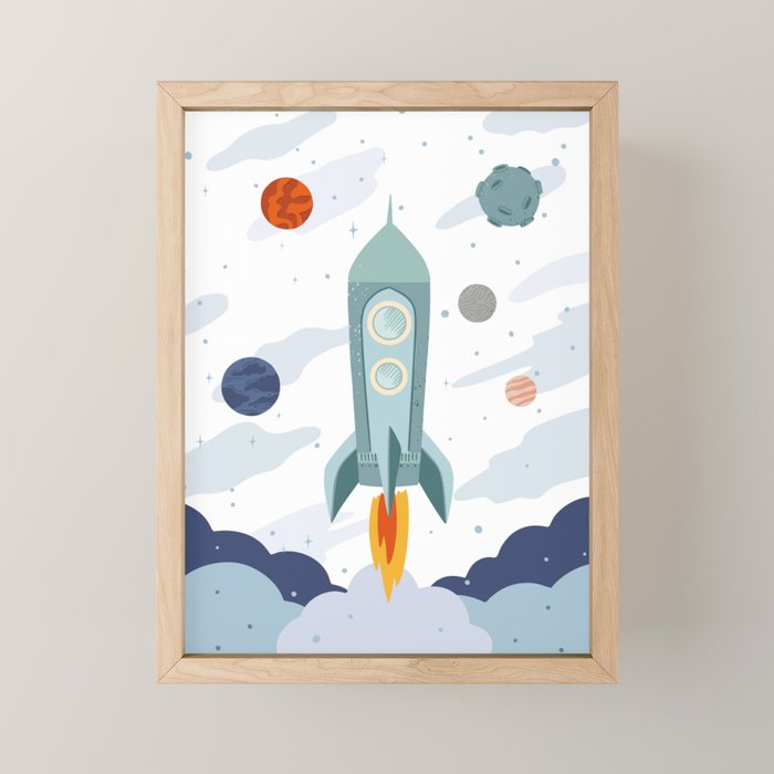 Space rocket print with planets and stars, perfect for an outer space nursery or kids room Mini Art Print Gallery Image 1