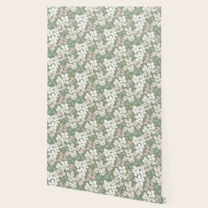 Soft meadow blooms - dusty mint, cream and pink floral pattern Wallpaper Gallery Image 2