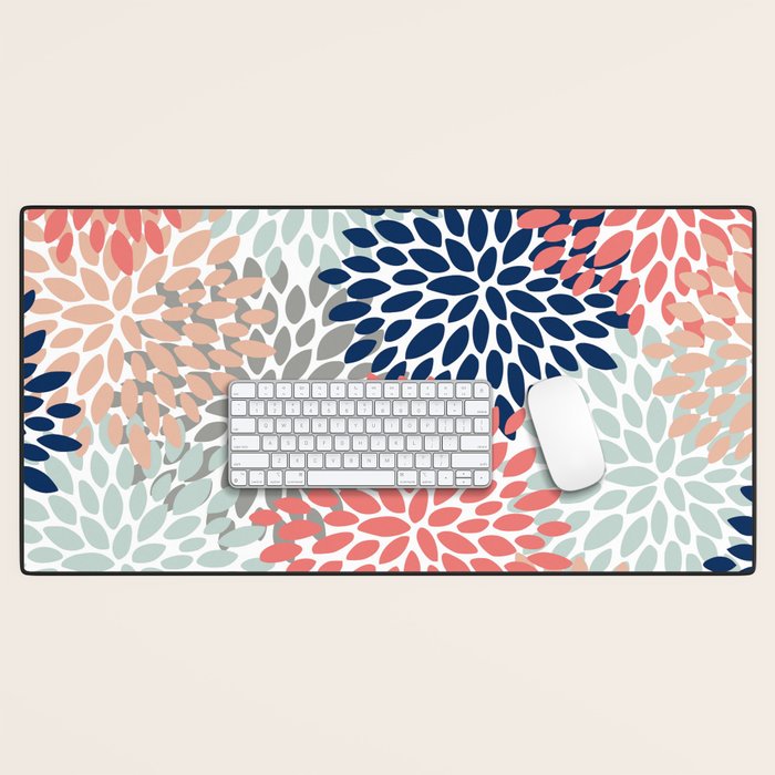 Festive, Flowers Print, Blue, Coral, Aqua, Gray Desk Mat Gallery Image 1