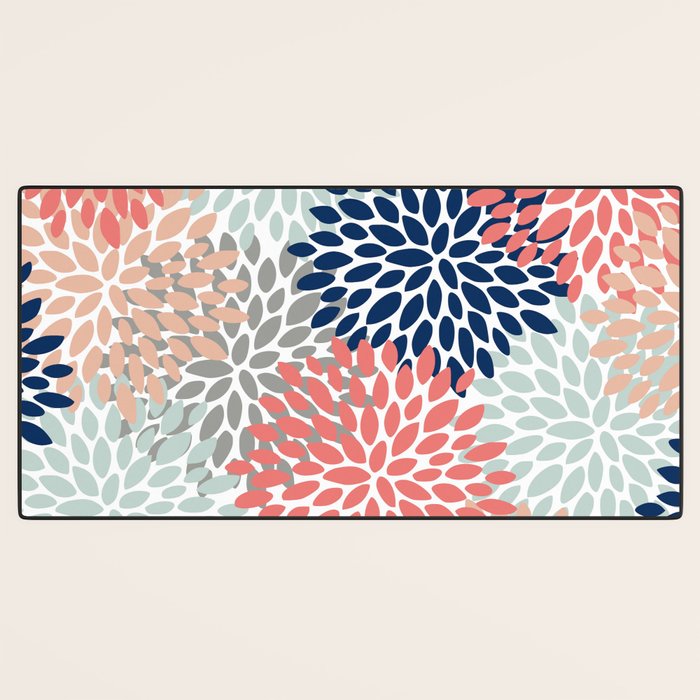 Festive, Flowers Print, Blue, Coral, Aqua, Gray Desk Mat Gallery Image 3