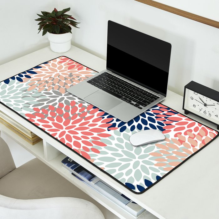 Festive, Flowers Print, Blue, Coral, Aqua, Gray Desk Mat Gallery Image 2
