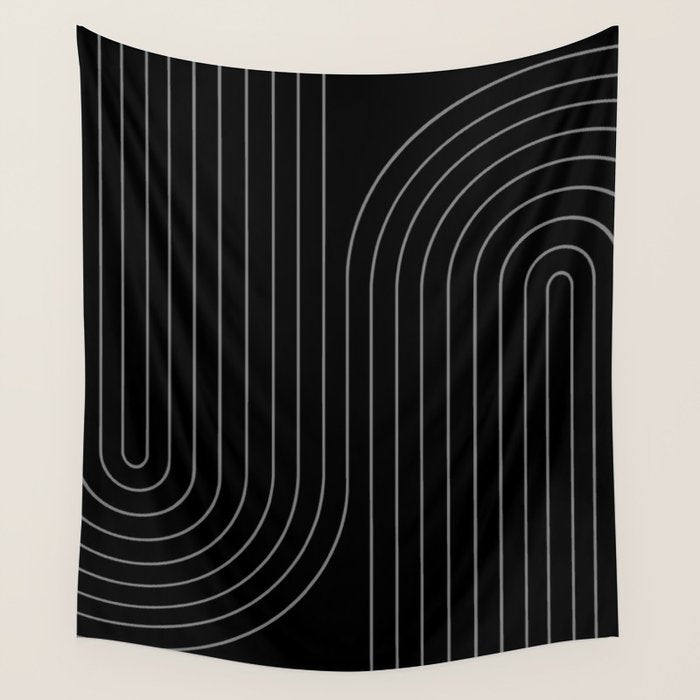 Minimal Line Curvature XXVI Black and Grey Mid Century Modern Arch Abstract Wall Tapestry Gallery Image 4