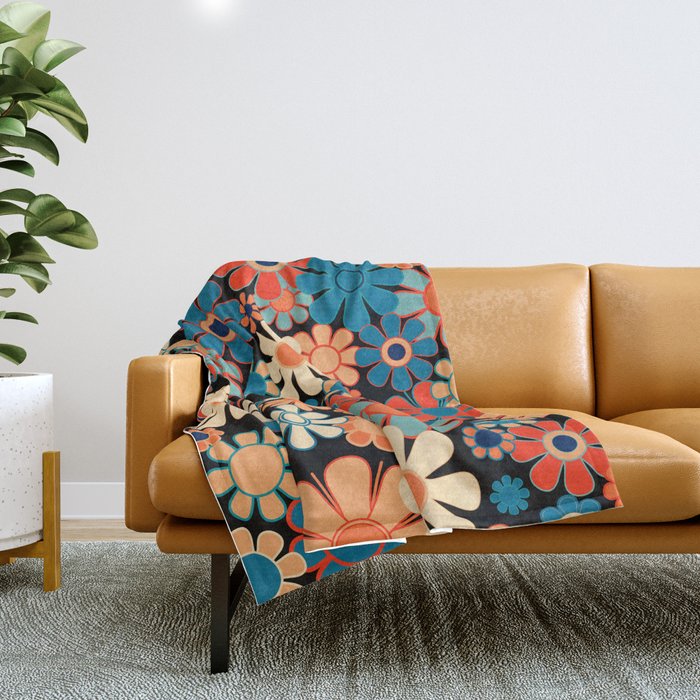 Retro Garden Night Flowers Vintage Style Floral Pattern Blue Orange Black Throw Blanket Gallery Image 1