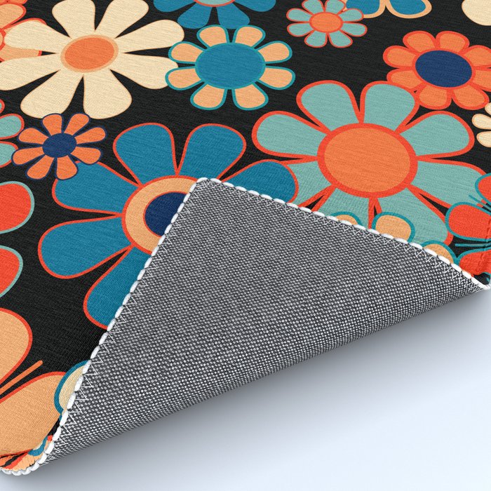 Retro Garden Night Flowers Vintage Style Floral Pattern Blue Orange Black Rug Gallery Image 4