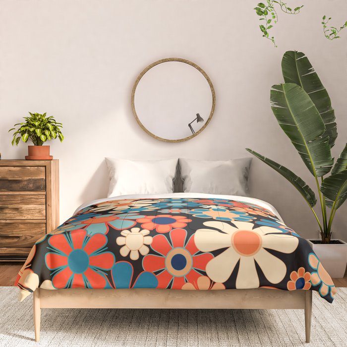 Retro Garden Night Flowers Vintage Style Floral Pattern Blue Orange Black Comforter Gallery Image 3