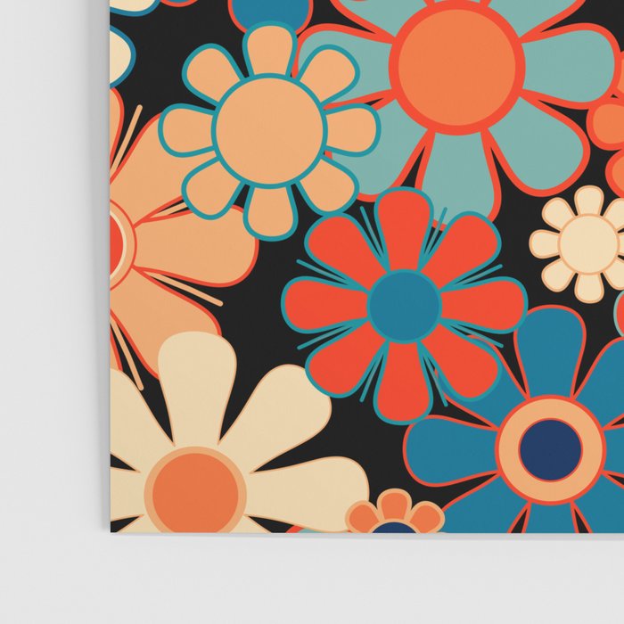 Retro Garden Night Flowers Vintage Style Floral Pattern Blue Orange Black Poster Gallery Image 3