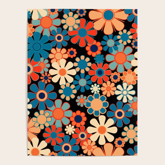 Retro Garden Night Flowers Vintage Style Floral Pattern Blue Orange Black Poster Gallery Image 4