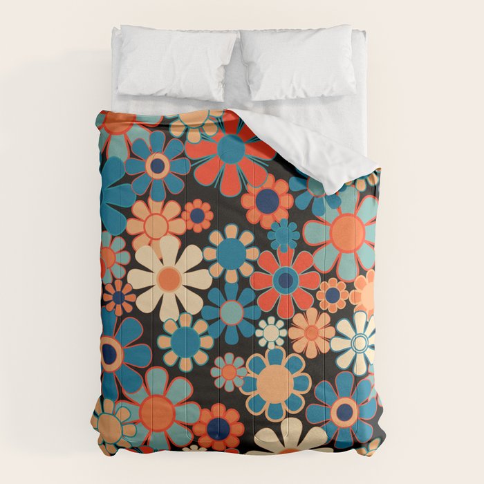 Retro Garden Night Flowers Vintage Style Floral Pattern Blue Orange Black Comforter Gallery Image 6