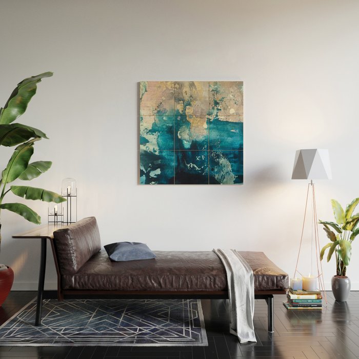 Timeless: A gorgeous, abstract mixed media piece in blue, pink, and gold by Alyssa Hamilton Art Wood Wall Art Gallery Image 2