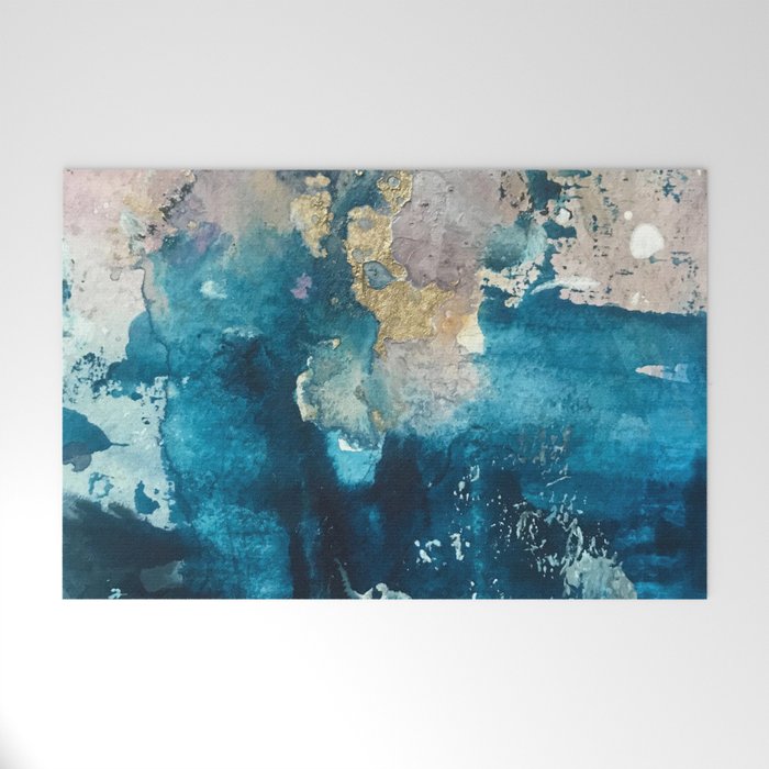 Timeless: A gorgeous, abstract mixed media piece in blue, pink, and gold by Alyssa Hamilton Art Welcome Mat Gallery Image 1