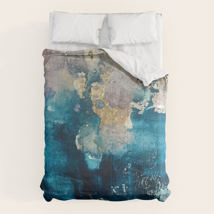 Timeless: A gorgeous, abstract mixed media piece in blue, pink, and gold by Alyssa Hamilton Art Comforter Gallery Image 6