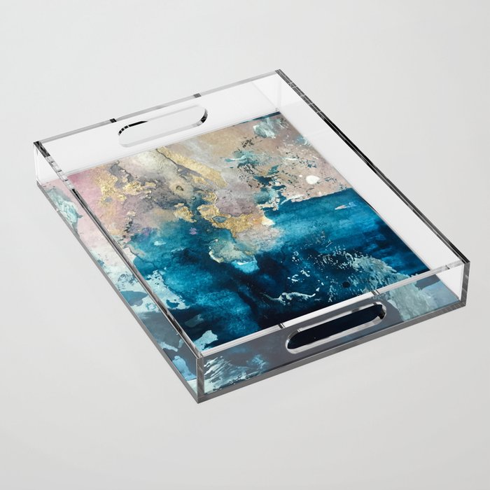 Timeless: A gorgeous, abstract mixed media piece in blue, pink, and gold by Alyssa Hamilton Art Acrylic Tray Gallery Image 1