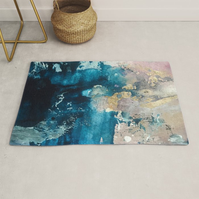 Timeless: A gorgeous, abstract mixed media piece in blue, pink, and gold by Alyssa Hamilton Art Rug Gallery Image 1