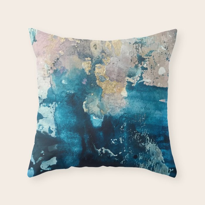 Timeless: A gorgeous, abstract mixed media piece in blue, pink, and gold by Alyssa Hamilton Art Throw Pillow Gallery Image 6