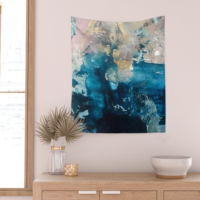 Timeless: A gorgeous, abstract mixed media piece in blue, pink, and gold by Alyssa Hamilton Art Wall Tapestry Gallery Image 2