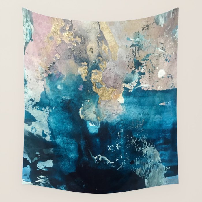Timeless: A gorgeous, abstract mixed media piece in blue, pink, and gold by Alyssa Hamilton Art Wall Tapestry Gallery Image 4