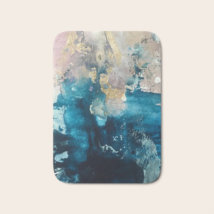 Timeless: A gorgeous, abstract mixed media piece in blue, pink, and gold by Alyssa Hamilton Art Bath Mat Gallery Image 1