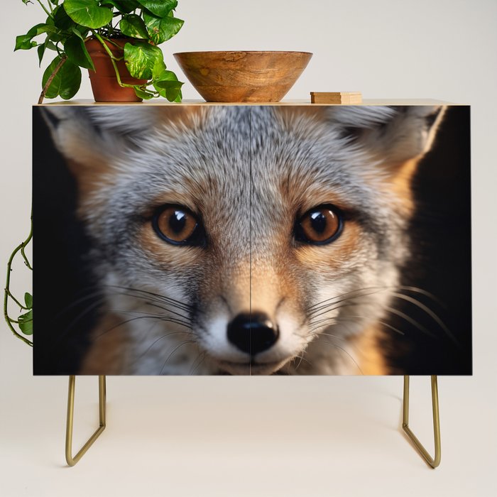 Foxfire Gaze Gray Fox Photorealistic Digital Wildlife Artwork Credenza Gallery Image 1