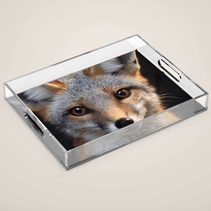 Foxfire Gaze Gray Fox Photorealistic Digital Wildlife Artwork Acrylic Tray Gallery Image 1