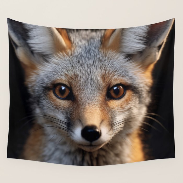 Foxfire Gaze Gray Fox Photorealistic Digital Wildlife Artwork Wall Tapestry Gallery Image 1