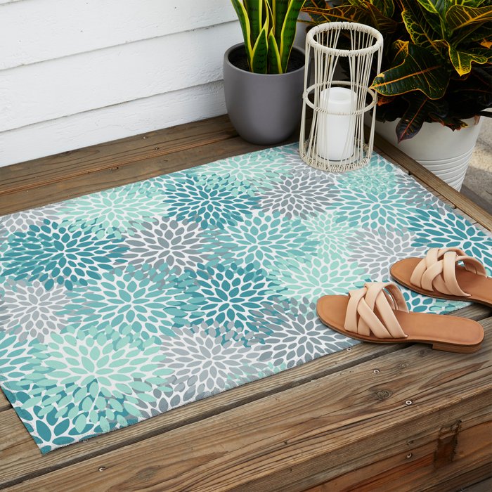 Modern Floral Prints, Teal, Turquoise and Gray Outdoor Rug Gallery Image 2