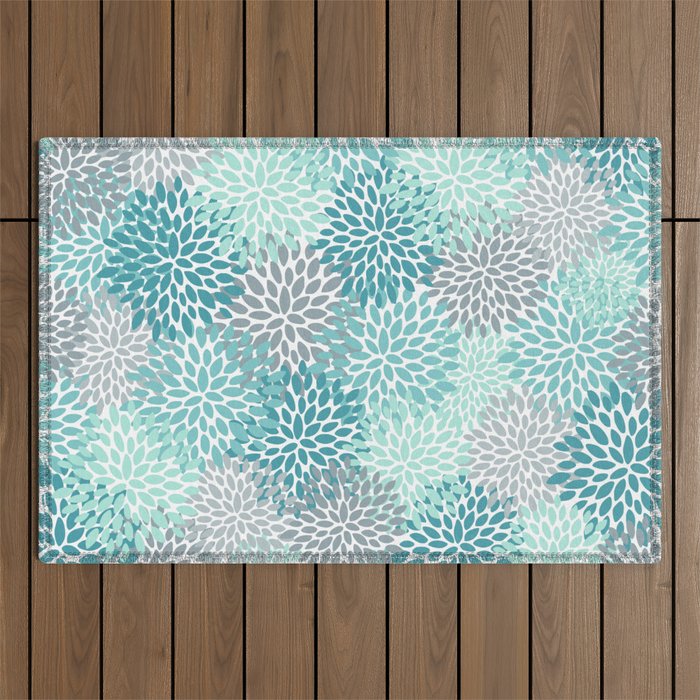 Modern Floral Prints, Teal, Turquoise and Gray Outdoor Rug Gallery Image 1