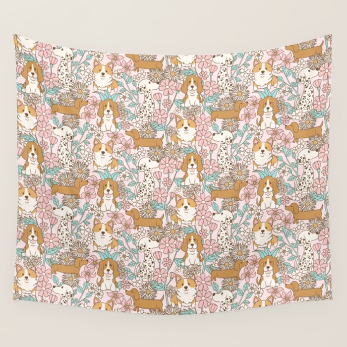 Floral Puppies Wall Tapestry Gallery Image 1