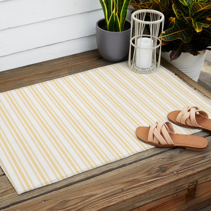 Trendy Large Buttercup Yellow Pastel Butter French Mattress Ticking Double Stripes Outdoor Rug Gallery Image 2