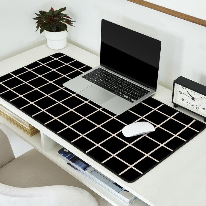 Grid Pattern Black and Linen White Desk Mat Gallery Image 2