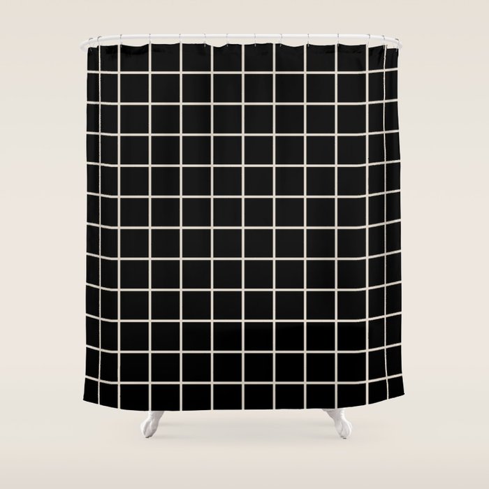 Grid Pattern Black and Linen White Shower Curtain Gallery Image 1