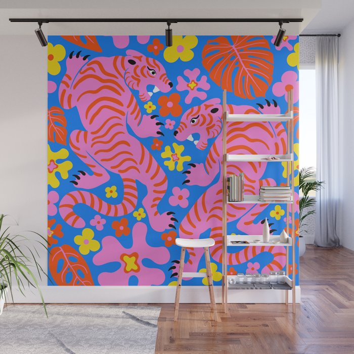 Pink Tigers and Flowers Wall Mural Gallery Image 1