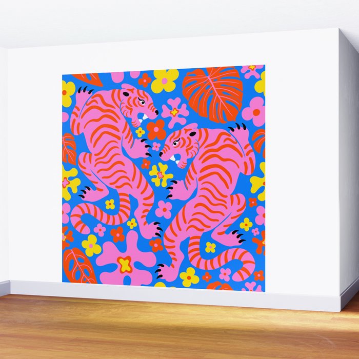 Pink Tigers and Flowers Wall Mural Gallery Image 2