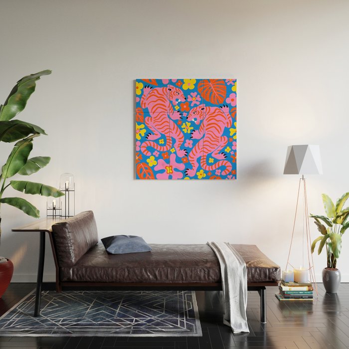 Pink Tigers and Flowers Wood Wall Art Gallery Image 2