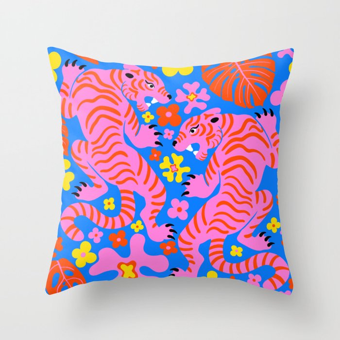 Pink Tigers and Flowers Throw Pillow Gallery Image 1