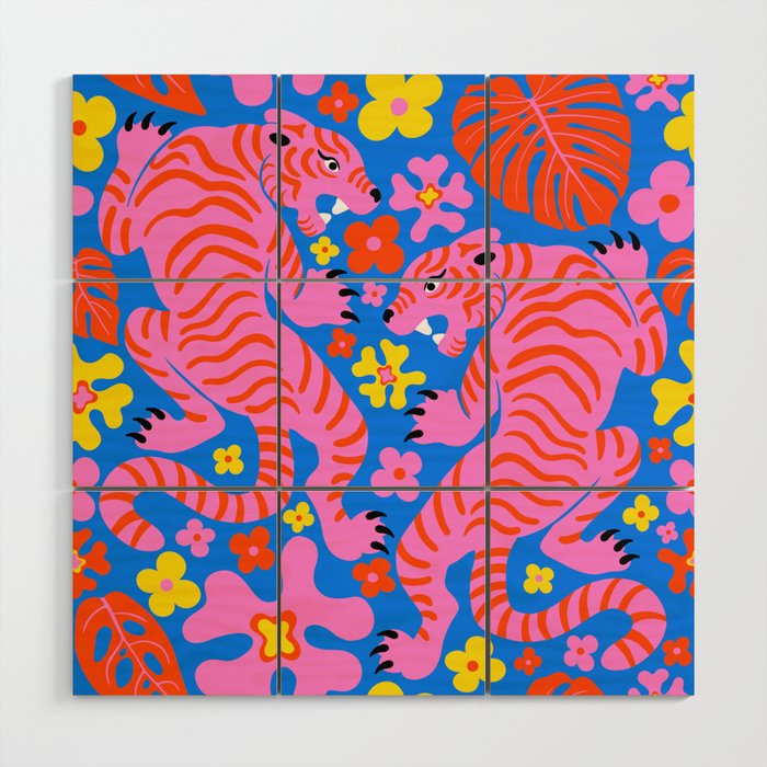 Pink Tigers and Flowers Wood Wall Art Gallery Image 1