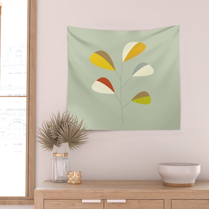 Mid Century Modern Single Leaf Pattern 1. Vintage green Wall Tapestry Gallery Image 2