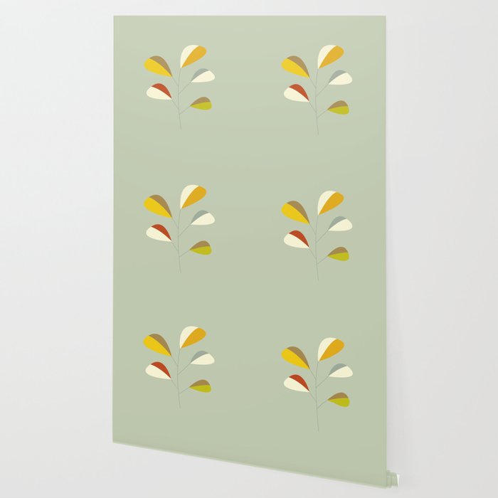 Mid Century Modern Single Leaf Pattern 1. Vintage green Wallpaper Gallery Image 2