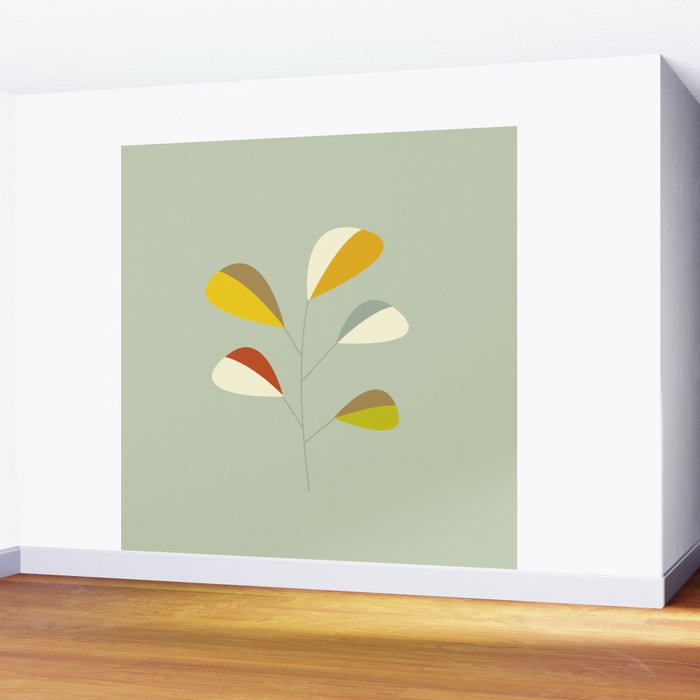 Mid Century Modern Single Leaf Pattern 1. Vintage green Wall Mural Gallery Image 2